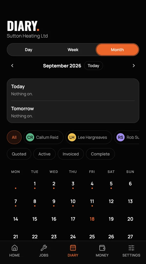 Diary — month view with crew and status filters
