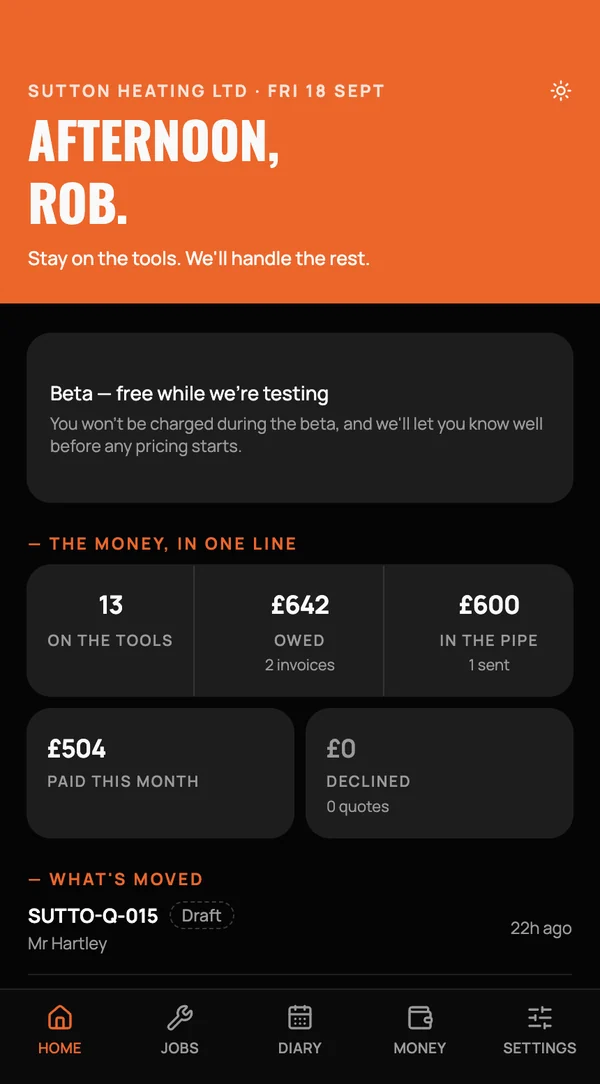 Home dashboard — afternoon greeting, beta notice, the money in one line