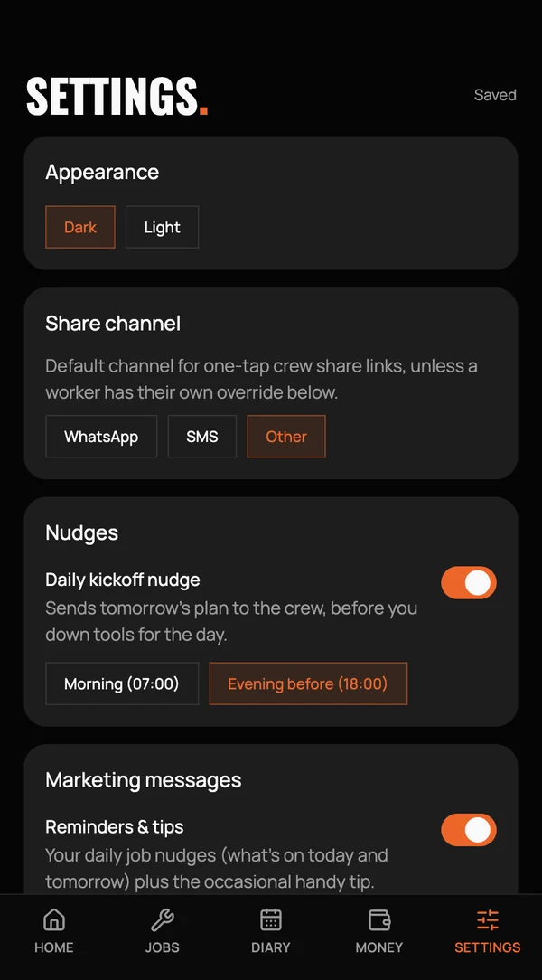 Settings — appearance, crew share channel, daily kickoff nudge